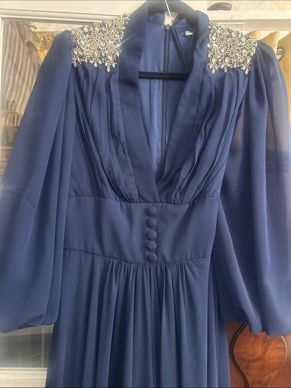 (D) NWT MAC DUGGAL Elegant Blue Evening Gown with Embellished Shoulders 79425